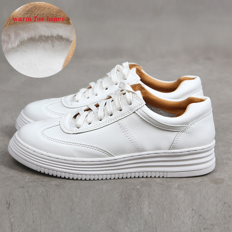 Fashion White Split Leather Women Chunky Sneakers White Shoes Lace Up Tenis Feminino Zapatos De Mujer Platform Women Casual Shoe